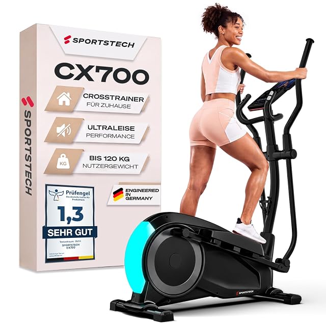 Sportstech CX700 Crosstrainer mit cyanfarben beleuchtetem Schwungradgehäuse, daneben der Karton mit einem Prüfengel-Siegel 1,3 SEHR GUT