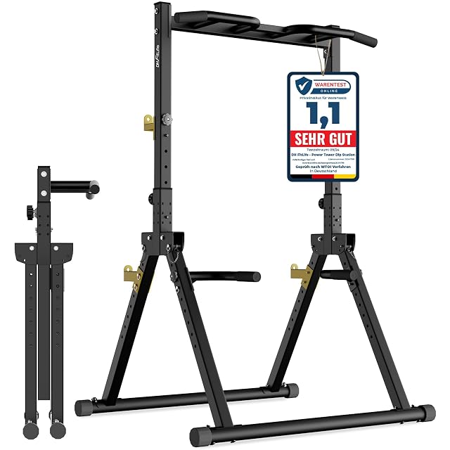 DH FitLife klappbarer Power Tower mit dreieckigen Beinen und goldenen Hantelablagen, eine Warentest-Online-Karte 1,1 angeklemmt