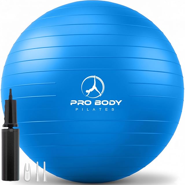 ProBody Pilates blauer Stabilitätsball 65 cm mit Pumpe, Stopfen und Stopfenzieher