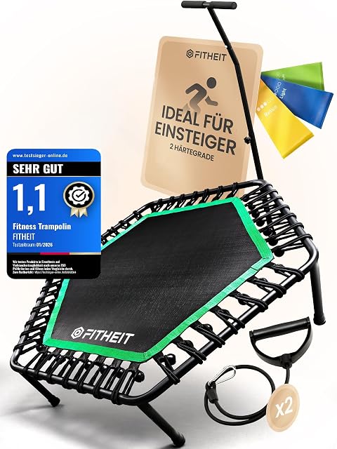 FITHEIT sechseckiges Gummiseil-Trampolin in Grün und Schwarz mit Haltestange, Bändern und einem testsieger-online-Abzeichen 1,1