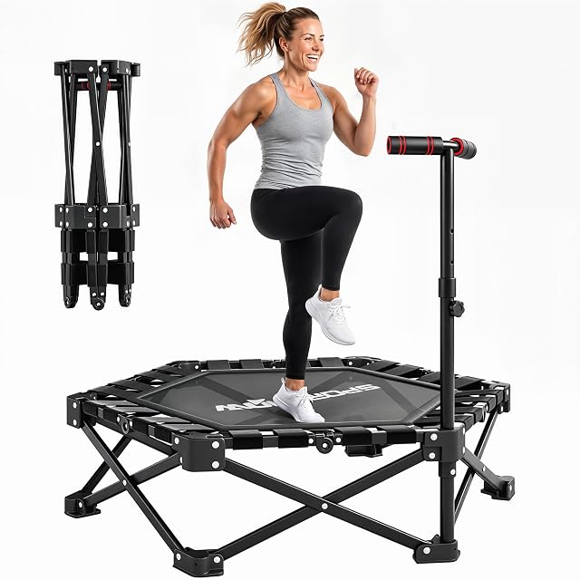 SPORTNOW Schnellklapp-Fitnesstrampolin mit T-Griffstange und dreieckiger Stütze