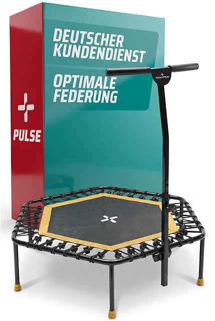 SportPlus sechseckiges Trampolin, schwarze Matte mit gelbem Rand und gelben Fußkappen, einzelne Haltestange