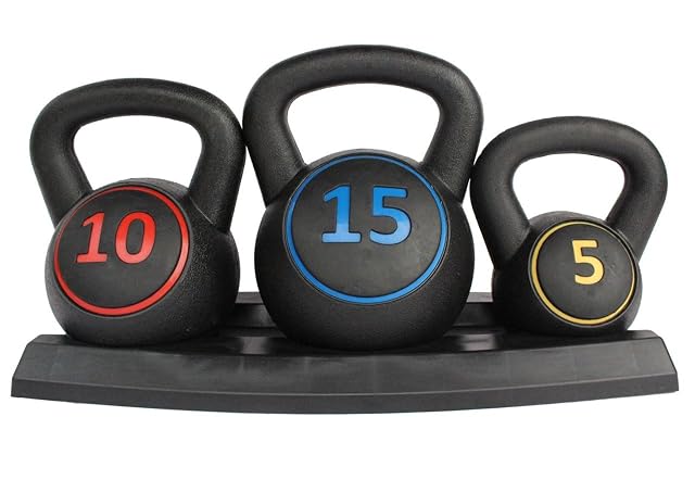 FUNJEPE dreiteiliges Kettlebell-Set aus HDPE mit Ständer und farbcodierten Gewichten