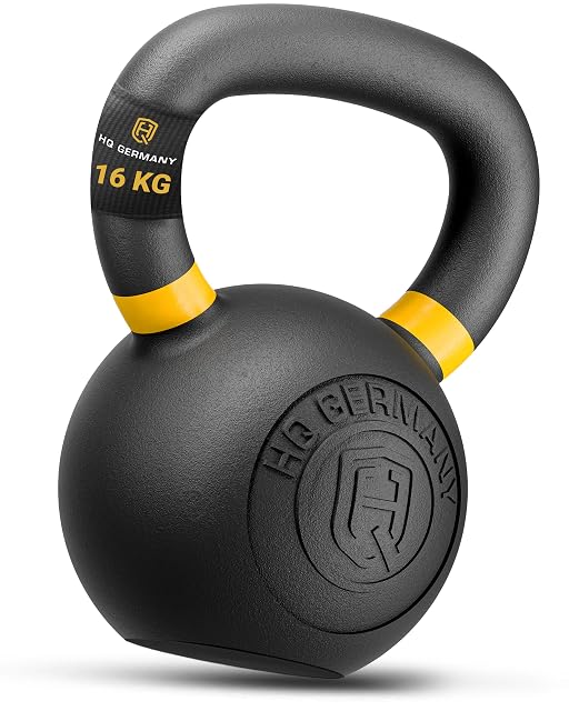 HQ Germany pulverbeschichtete gusseiserne Kettlebell, 16 kg, mit farbcodiertem Band