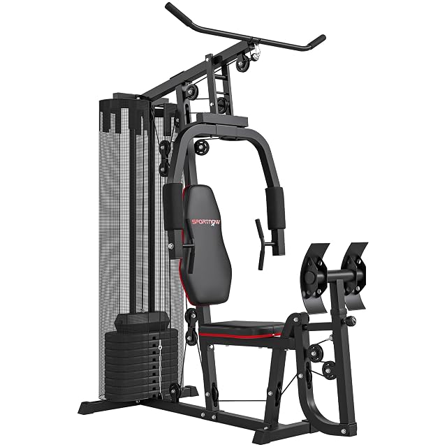 SPORTNOW schwarzer Heimstudio-Turm mit Gewichtsblock, Brustsstation und Beinpresse