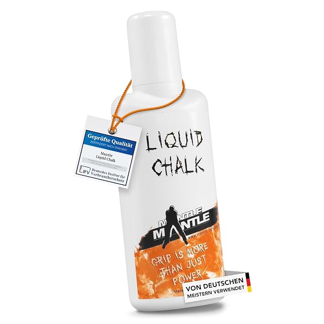 Mantle weiße Flasche mit orangefarbener Kletterergrafik, am Hals eine IfV-Karte „Geprüfte Qualität“ an einer Schnur