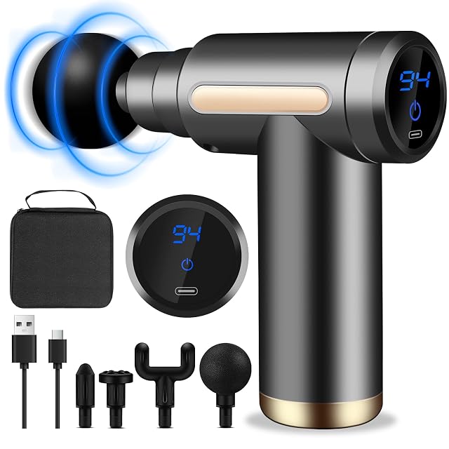 AQXONG Mini-Massagepistole mit LCD-Anzeige und vier Aufsätzen