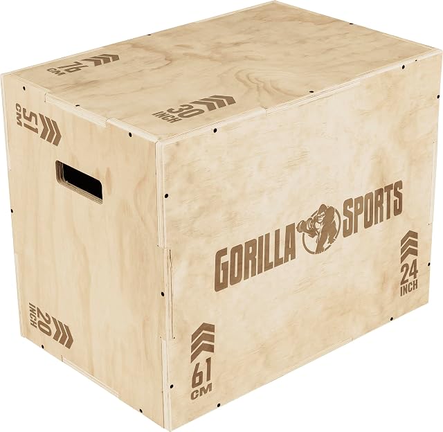 GORILLA SPORTS Plyo Box mit heller Kiefernoberfläche, Winkel markieren 51 CM, 61 CM und 76 CM auf drei Flächen
