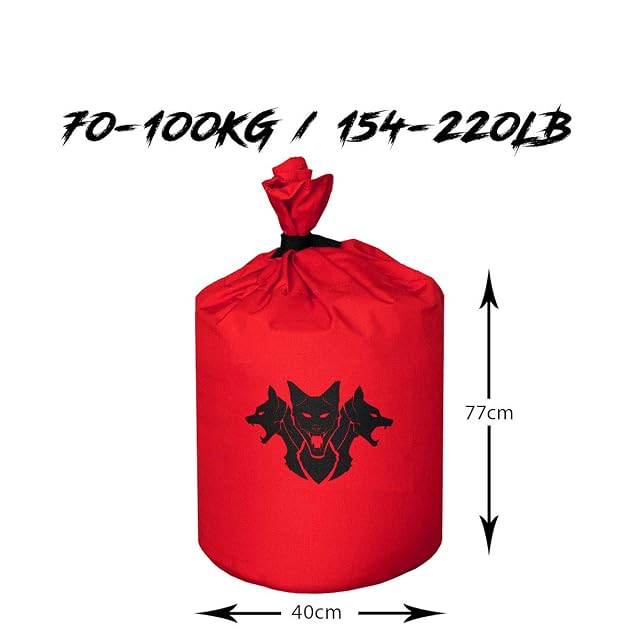 Cerberus Strength roter Innensack am Hals abgebunden, dreiköpfiger Hund als Zeichen, Größe 77 mal 40 cm für 70 bis 100 kg