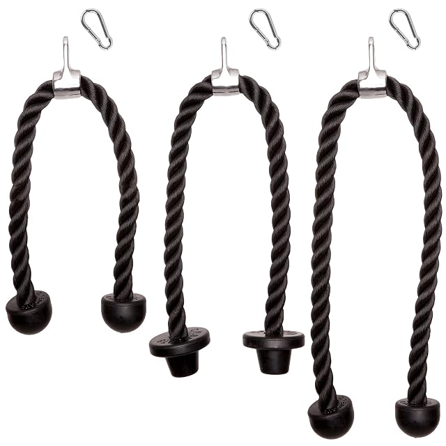 Drei C.P. Sports schwarze Seile nebeneinander in steigenden Längen, jedes mit Stahlkopf und eigenem Karabiner