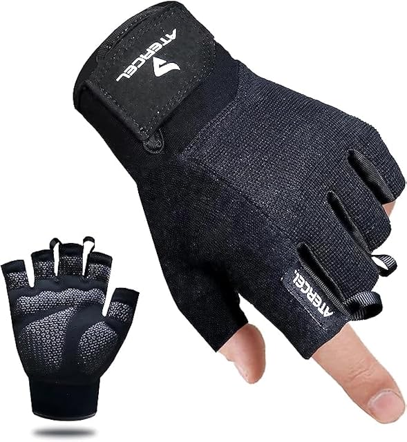 ATERCEL schwarzer Halbfingerhandschuh am Arm, Zuglaschen an den Fingerkuppen, die gepolsterte graue Handfläche daneben eingeblendet