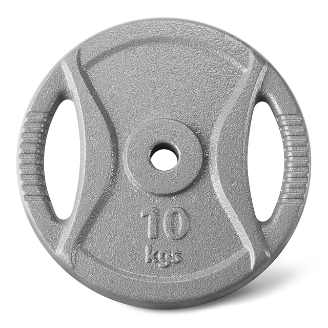 Amazon Basics graue Gusseisenscheibe mit der Prägung 10 kgs, zwei gerippte Grifflöcher beiderseits der Bohrung
