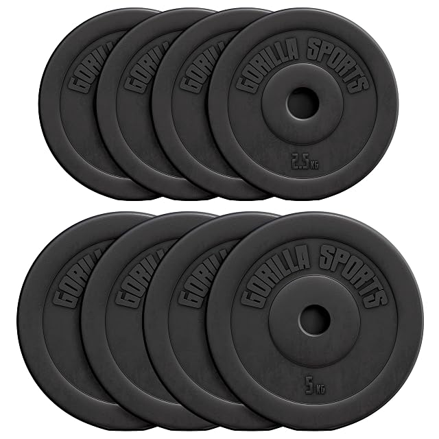 GORILLA SPORTS schwarze Kunststoff-Hantelscheiben in mehreren Größen mit 30-mm-Bohrungen