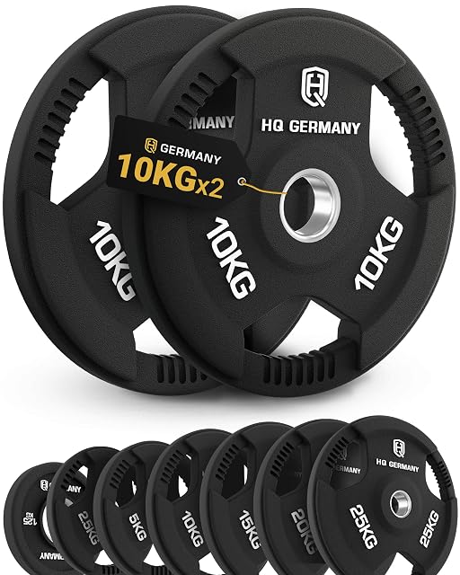 HQ Germany Paar schwarzer gummierter Tri-Grip-Scheiben zu 10 kg mit drei Grifflöchern