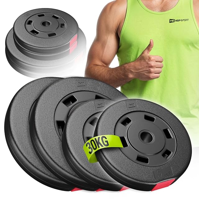 Hop-Sport Satz aus vier schwarzen Kunststoff-Hantelscheiben, zwei zu 10 kg und zwei zu 5 kg