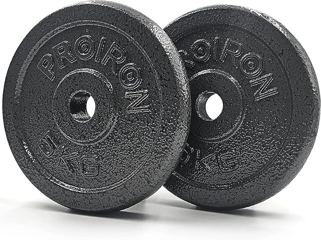 Zwei PROIRON Gusseisenscheiben mit der Prägung 5KG, schwarzes Hammerschlagfinish, die Marke erhaben um die Bohrung