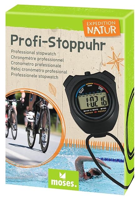 moses Expedition Natur Karton, grün und orange, die schwarze Stoppuhr vorn aufgedruckt mit der Anzeige 1:02:16