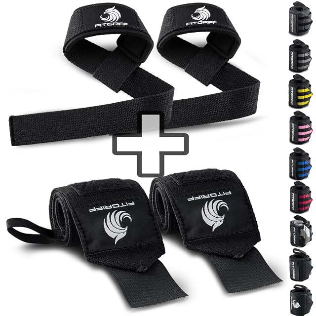 Fitgriff Satz aus schwarzen Handgelenkbandagen und gepolsterten Zughilfen mit L- und R-Kennzeichnung
